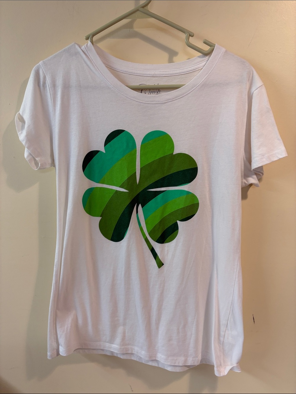 White Tee with Green Striped Four-Leaf Clover Graphic